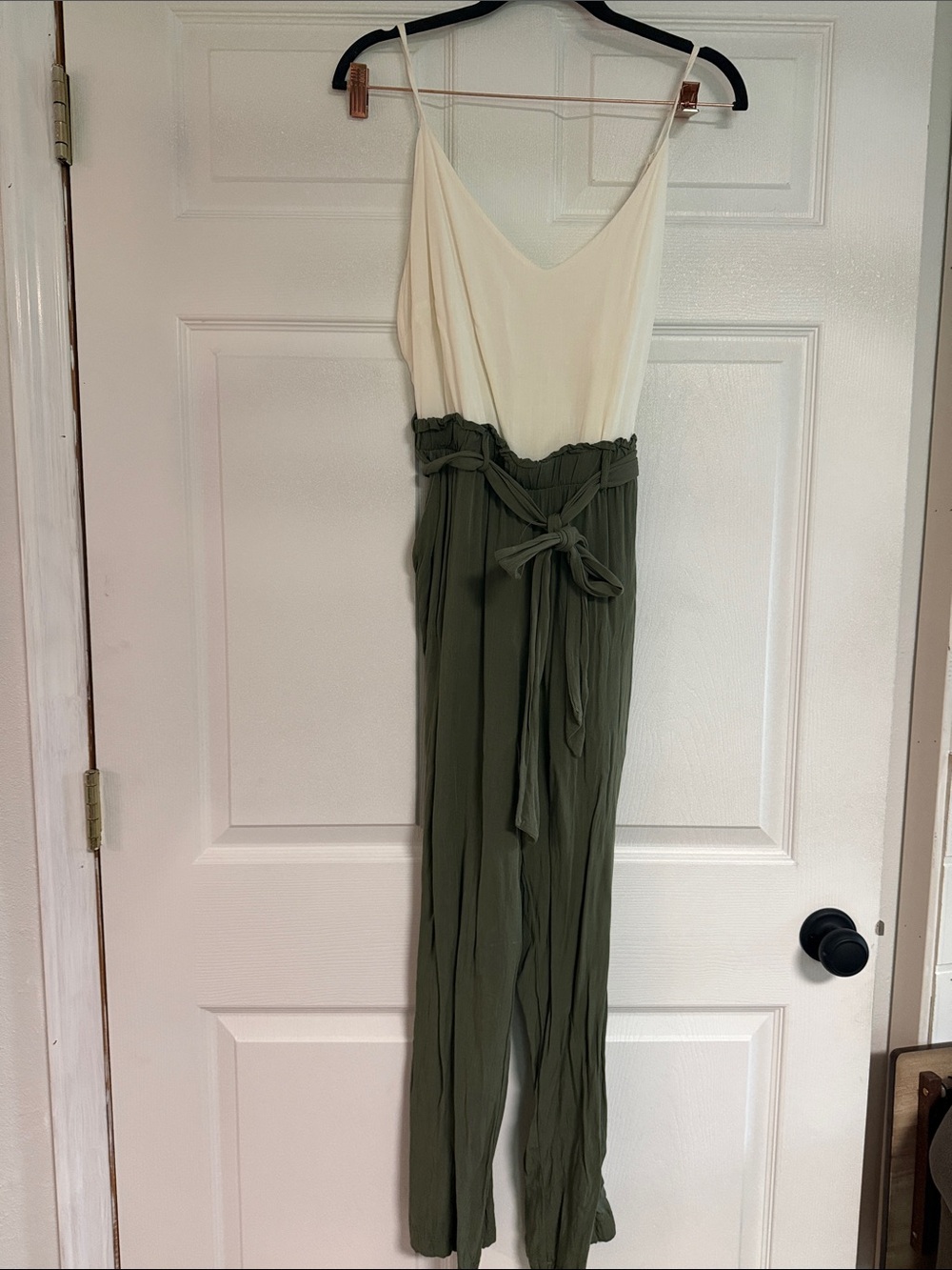 miami Two-Tone Spaghetti Strap Jumpsuit in Cream and Olive